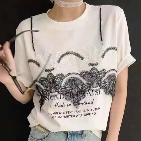 2025年夏季新款蕾丝链条圆领洋气时尚T恤短袖2537#