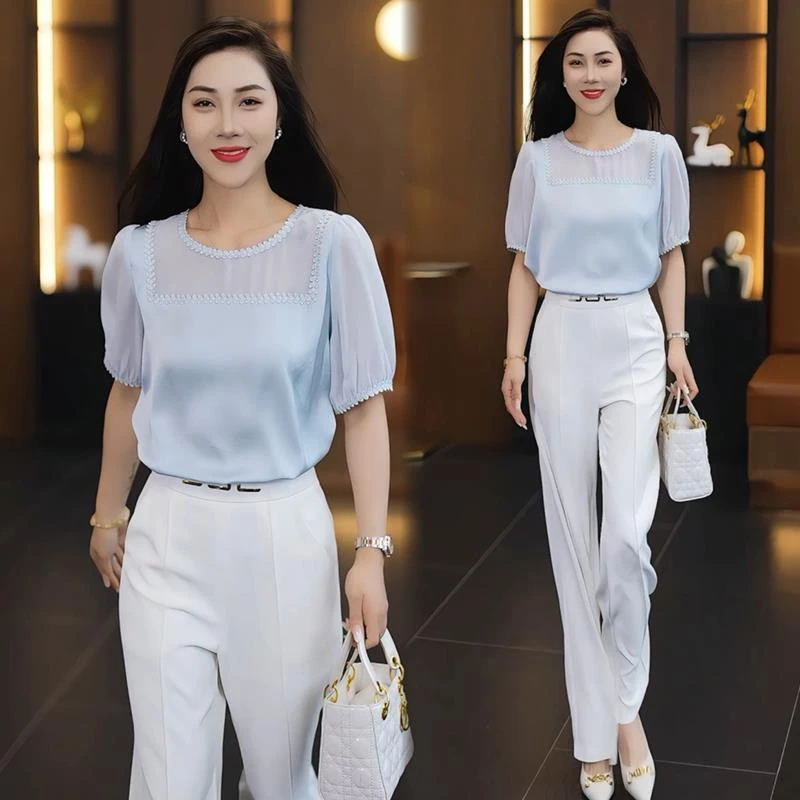 时尚套装女2025夏季新款洋气短袖上衣宽松阔腿裤气质显瘦两件套潮
