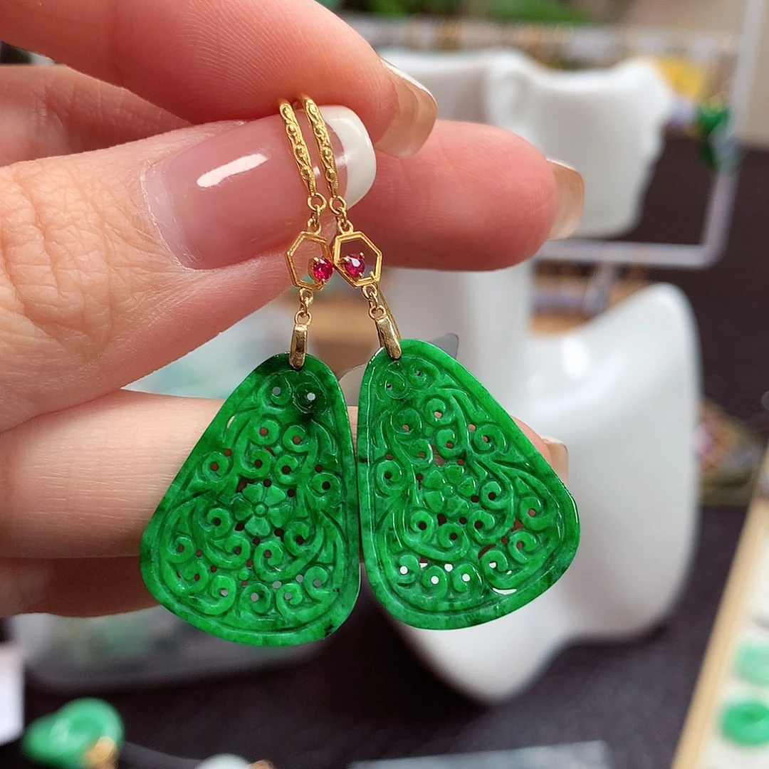 翡翠耳饰18K金镶嵌天然翡翠