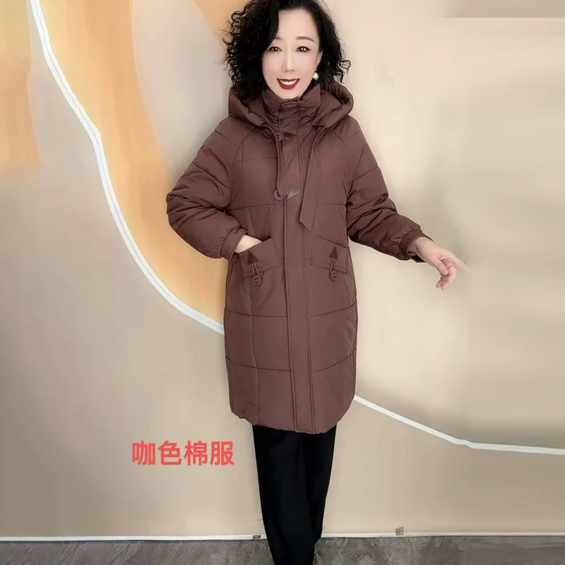 高端冬季新款中长款加厚保暖棉服中老年妈妈时尚宽松大码连帽大衣