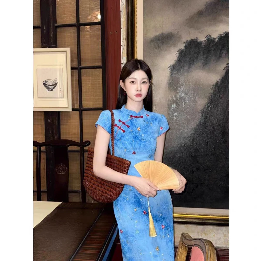【图片款】新中式国风兰亭小花旗袍连衣裙女夏新款晕染修身长裙轻奢