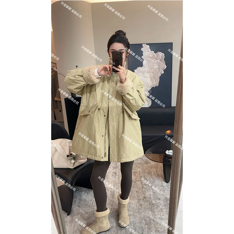 ZX6026立领风衣外套女2024秋冬新款时尚慵懒风宽松拼毛毛棉服