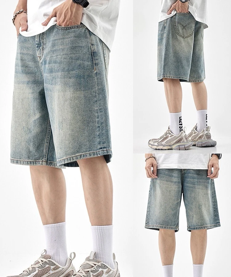 牛仔短裤男夏季ins潮牌水洗做旧直筒简约百搭复古大码五分裤薄款