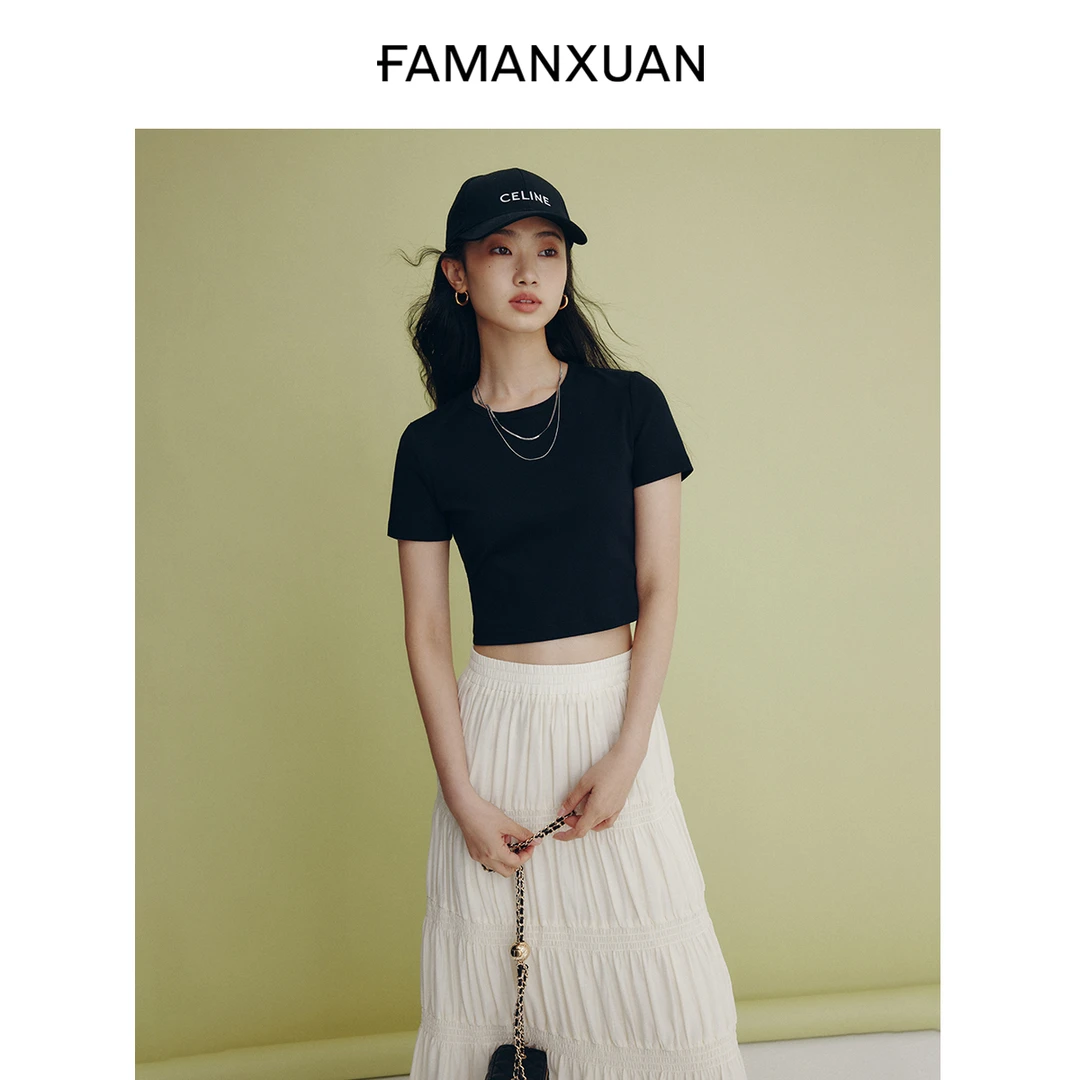 【陈大可专属】法曼萱灰色正肩短袖T恤女24夏纯棉u领打底上衣