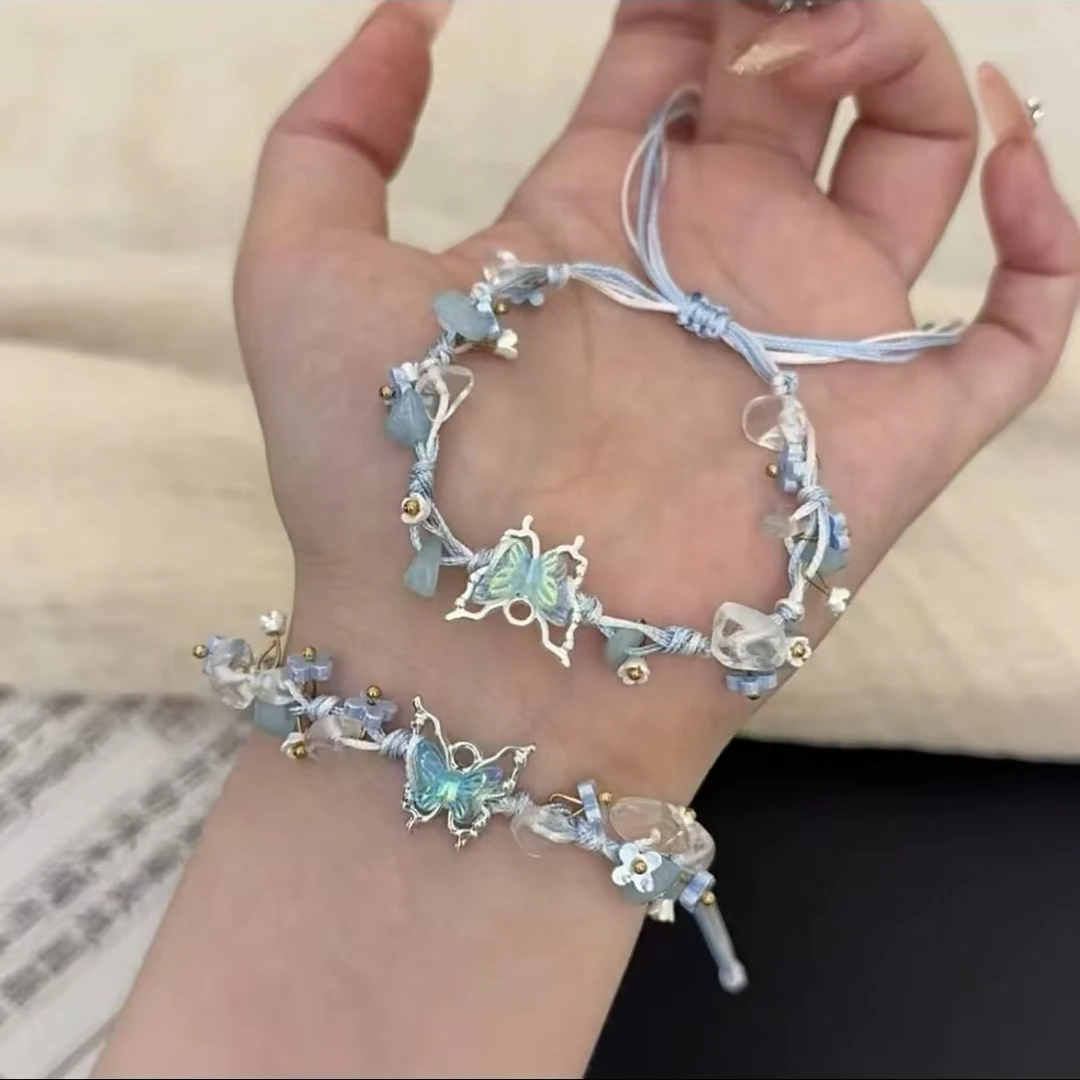 非金属布艺手链 冷清甜美手工编织女生闺蜜七夕礼物蓝色蝴蝶手链