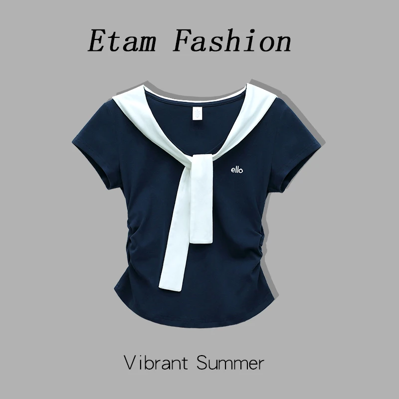 肯豆风ello刺绣小标韩版海军领短袖2025修身显瘦百搭潮流t恤女