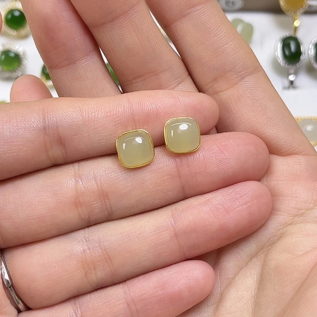 和田玉银S925镶嵌耳饰