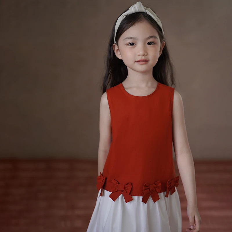 哈齿童装儿童无袖衬衫亲肤全棉上衣女童红色背心甜美蝴蝶结夏装