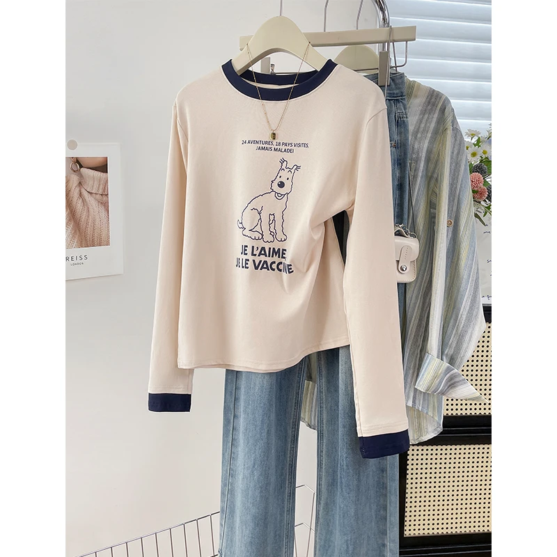 卡通印花新款撞色圆领正肩长袖T恤女通勤百搭休闲时尚上衣打底衫