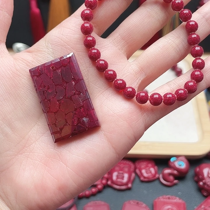 天然辰砂6mm全玉化晶体砂+全玉化无事牌