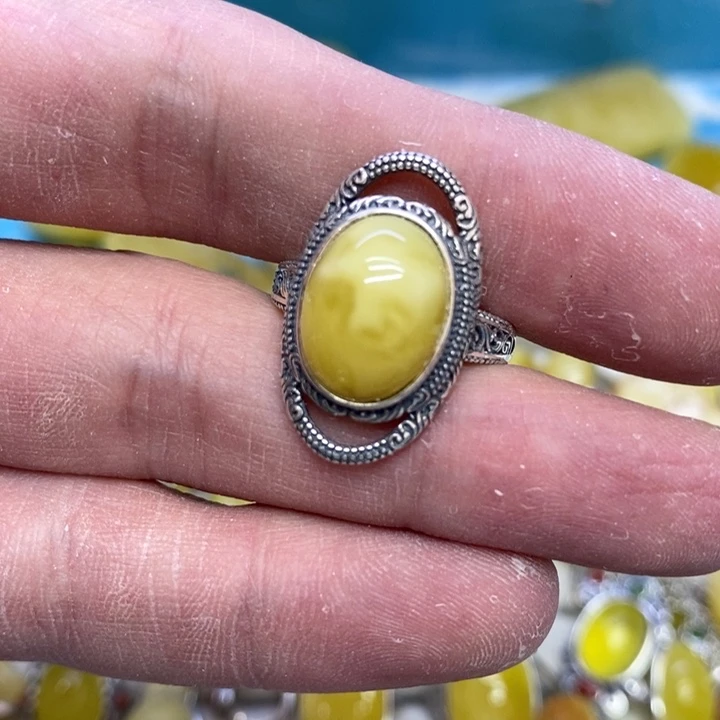 蜜蜡裸石银S925镶嵌戒指