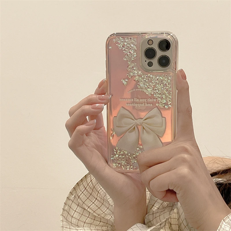 蝴蝶结钻石流沙壳适用苹果15promax手机壳iPhone13/14套16防摔2女