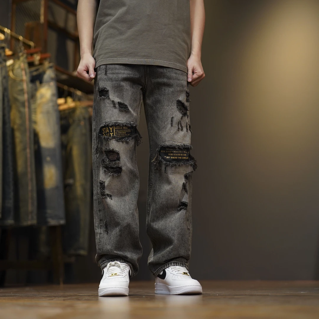 DSQCIFND2直筒潮流高街宽松做旧破洞补丁秋冬水洗个性牛仔裤H1004