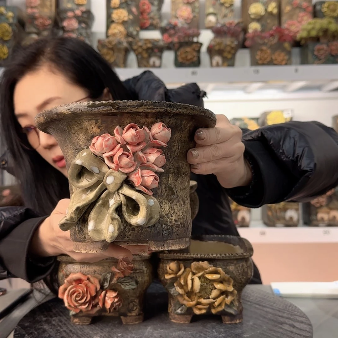 红陶画*青默花器花盆