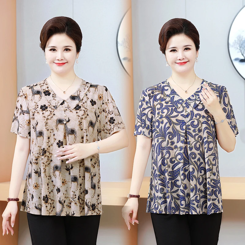 80-230斤夏季薄款中老年女装减龄妈妈装衫宽松百搭碎花娃娃领小衫