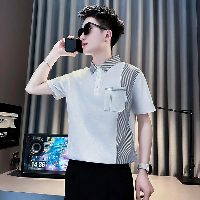 拼接男式独特polo衫短袖夏季冰丝高级感2025新款潮牌条纹半袖t恤