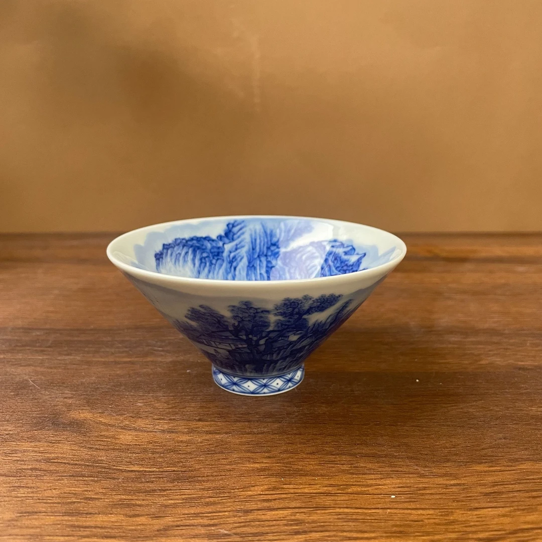 【九茗柴窑】山水斗笠杯手工手绘景德镇茶具容量90毫升