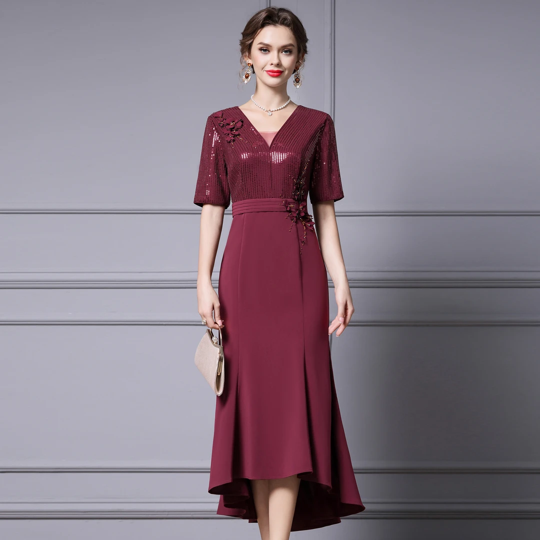 枝荔减龄2025超火连衣裙夏装新款大码收腰亮片前短后长款燕尾裙子