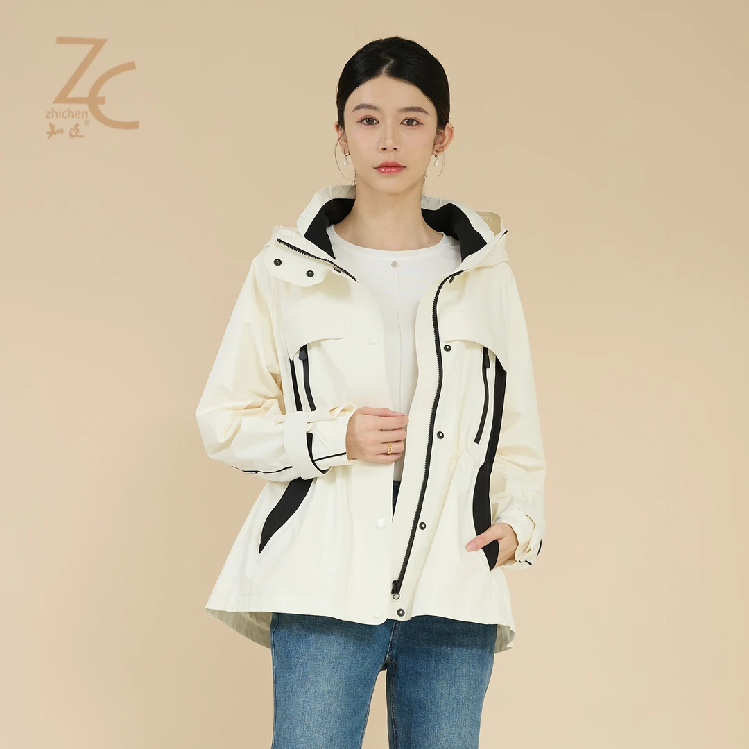 知臣春季新品 三色青春活力三防收腰撞色连帽外套女 T25811065