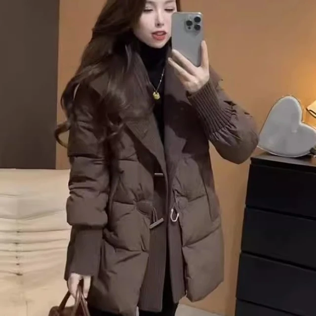 2025冬季新款韩版时尚毛巾披肩领棉服外套女保暖加厚棉衣中长款潮