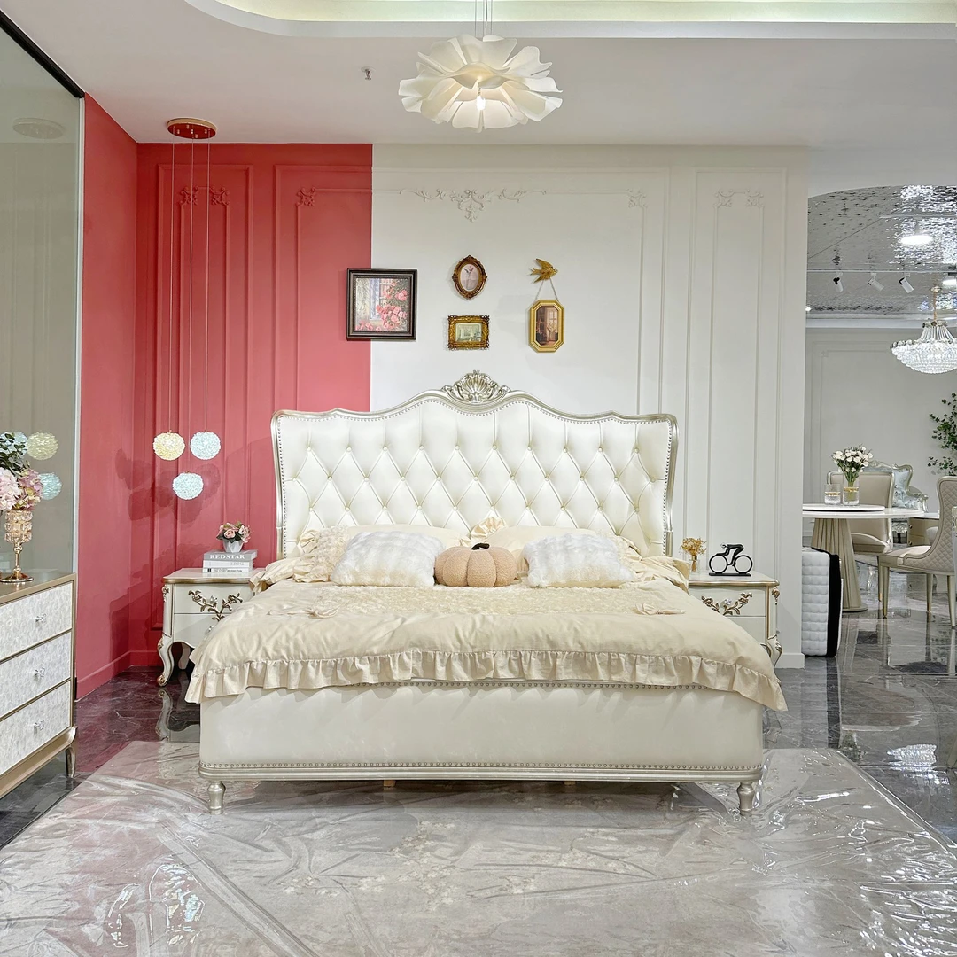 美式轻奢白色实木紫荆花床家用主卧大床高箱皮艺公主床软包床819