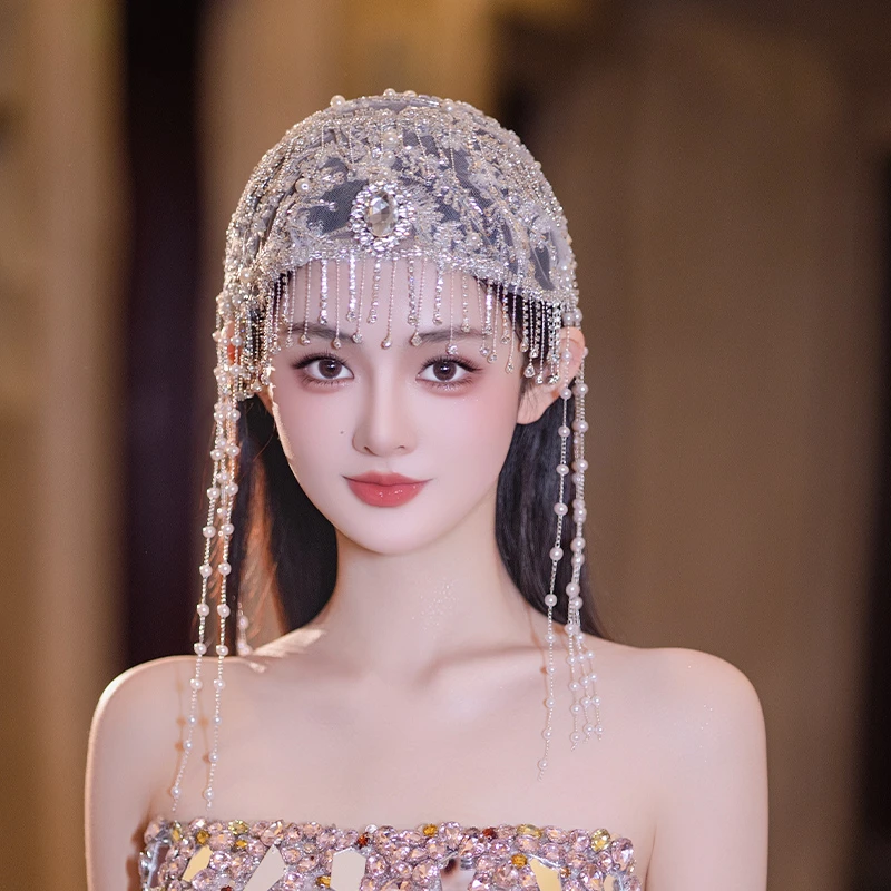 合金婚庆饰品 新娘发饰绢纱时尚帽子发饰水母流苏帽头饰品342347