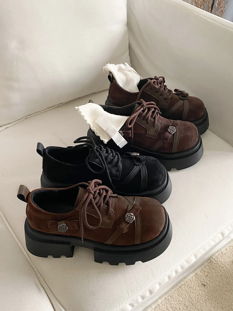 英伦风厚底增高乐福鞋女秋季蝴蝶结黑色小皮鞋学院风日系百搭女鞋