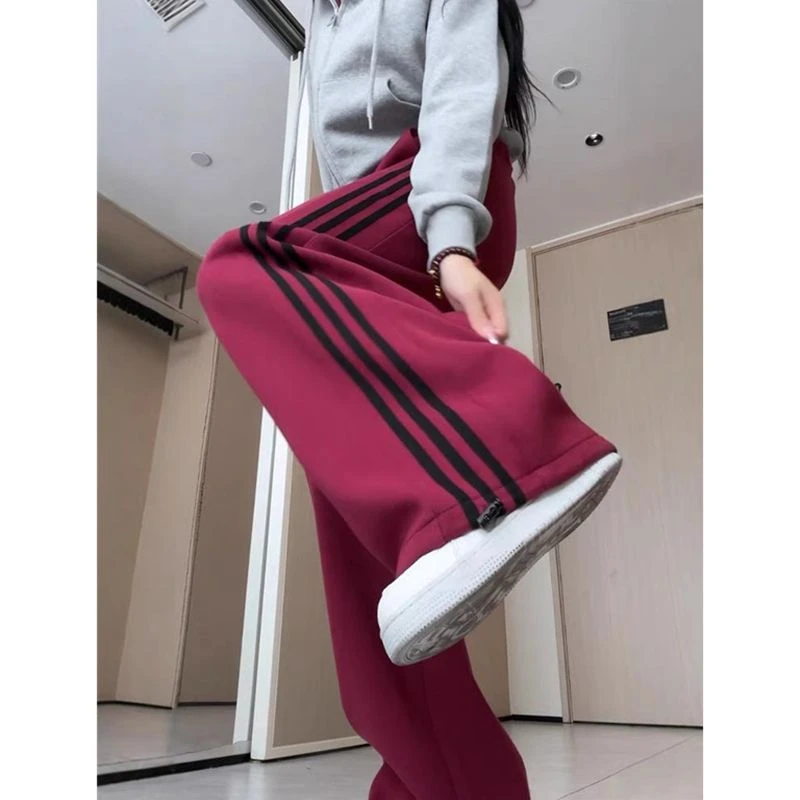 【西藏包邮】【店铺热销】酒红色条纹运动裤女春秋2024新款高腰休闲阔