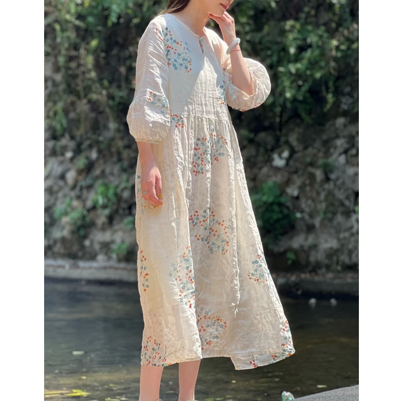 【星河】夏季原创印花苎麻宽松仙气飘逸连衣裙带收腰 51764