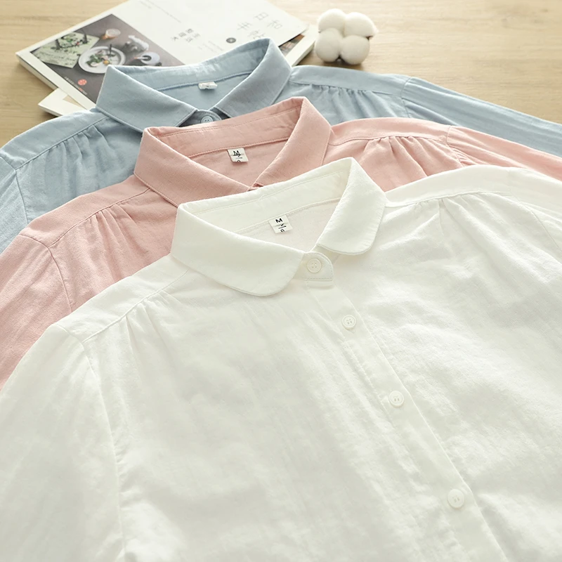 2047双层棉纱长袖白衬衫女娃娃领衬衣柔软亲肤纯棉打底衫上衣
