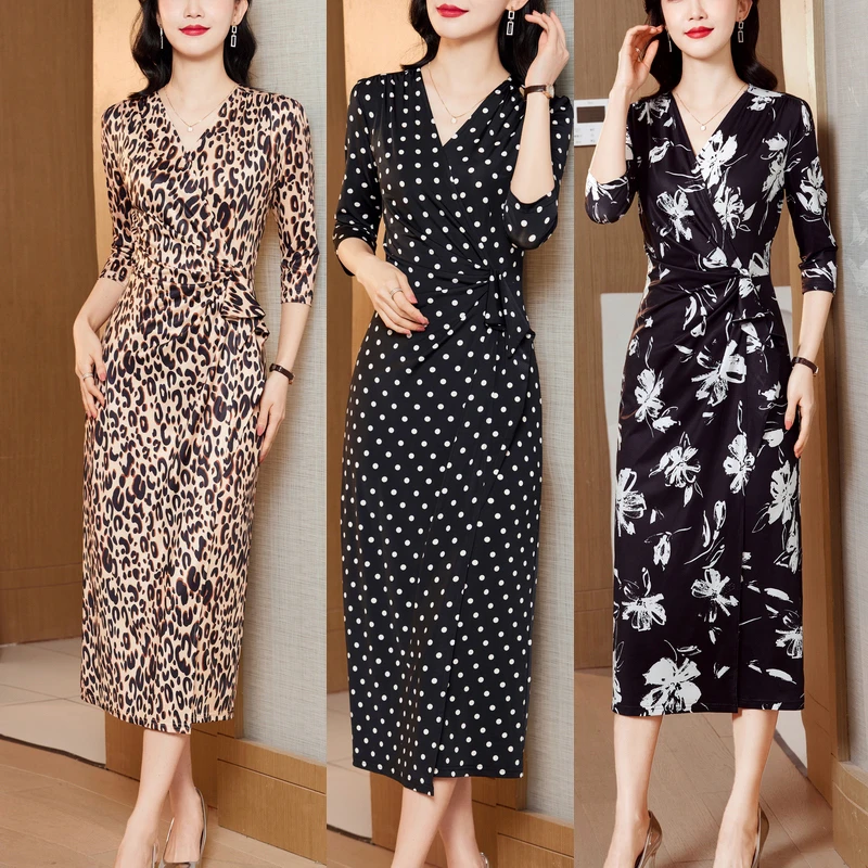 【主播甄选】女神范时尚优雅气质V领连衣裙经典波点印花豹纹中长裙