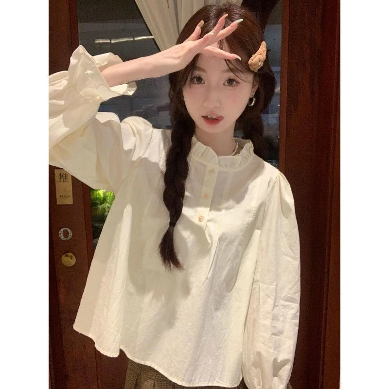 爆款立领白色衬衫女长袖秋季2025新款宽松衬衣甜美小众法式上衣