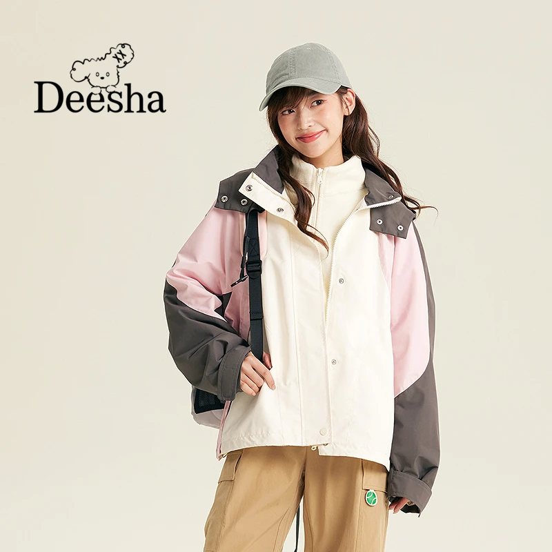 运动风休闲风女厚款拼接三防三合一外套-N32543502