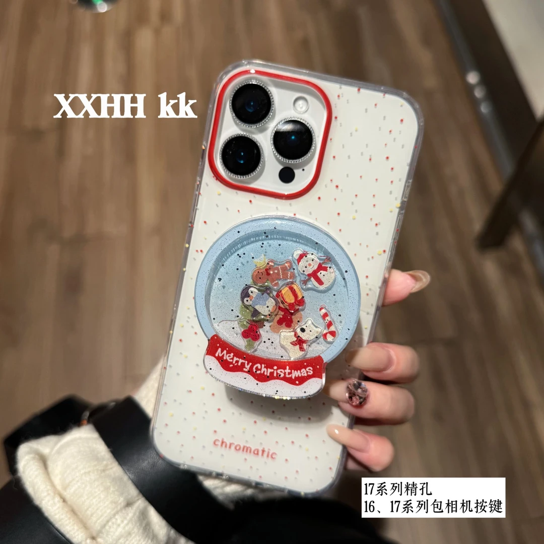 双层磁吸泼墨波点圣诞水晶球摇摇乐磁吸手机壳适用多款机型防摔