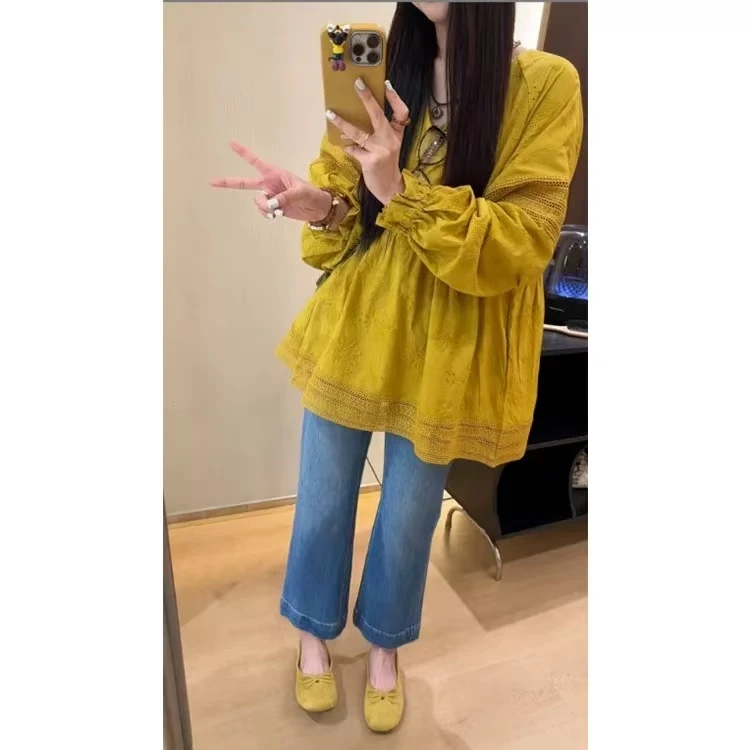 ZX6236法式甜美时尚镂空刺绣蕾丝花边灯笼袖衬衫女2025春夏新款