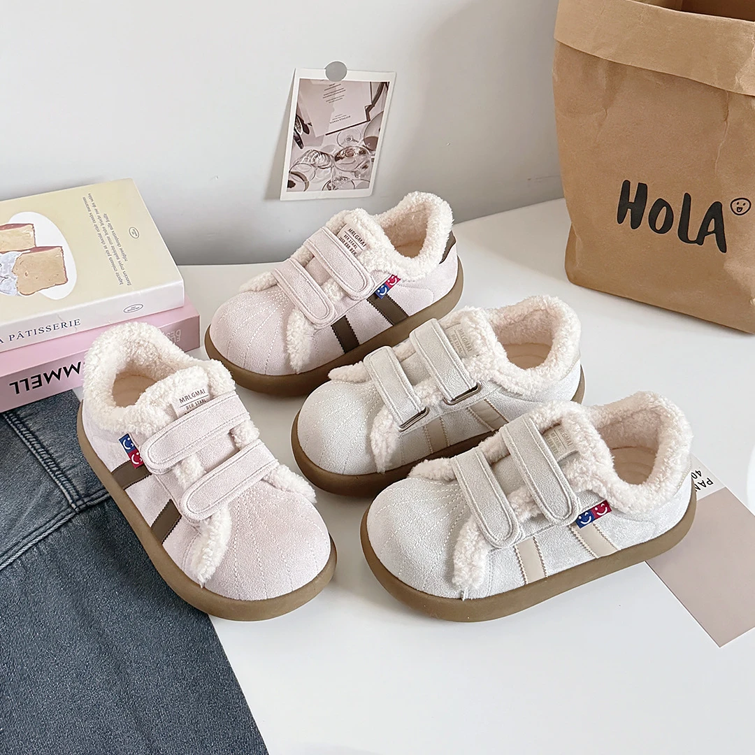 蓓尔2025冬季加绒面包棉鞋女百搭撞色圆头小白鞋二棉保暖小众板鞋