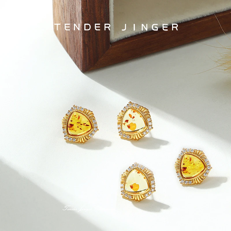 Tender Jinger新款S925银镶嵌天然花珀耳饰轻奢高级多样性发一件