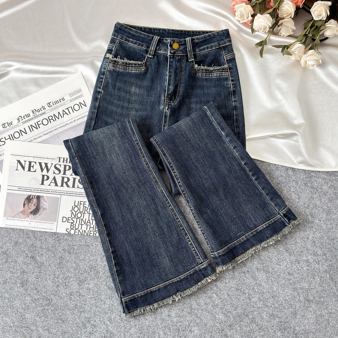 高级毛边修身微喇牛仔裤女2025秋季新款高腰显瘦弹力马蹄裤喇叭裤