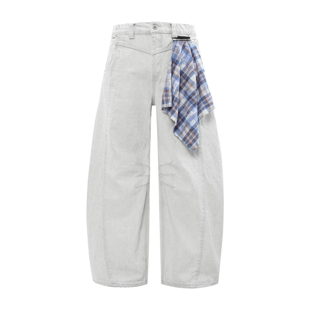 US5自制 水洗巴黎灰白色美式夏季弯刀牛仔裤男做旧宽松垂感镰刀裤