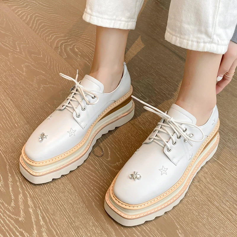 欧洲站真皮厚底松糕鞋女新款水钻高跟坡跟单鞋英伦休闲鞋40