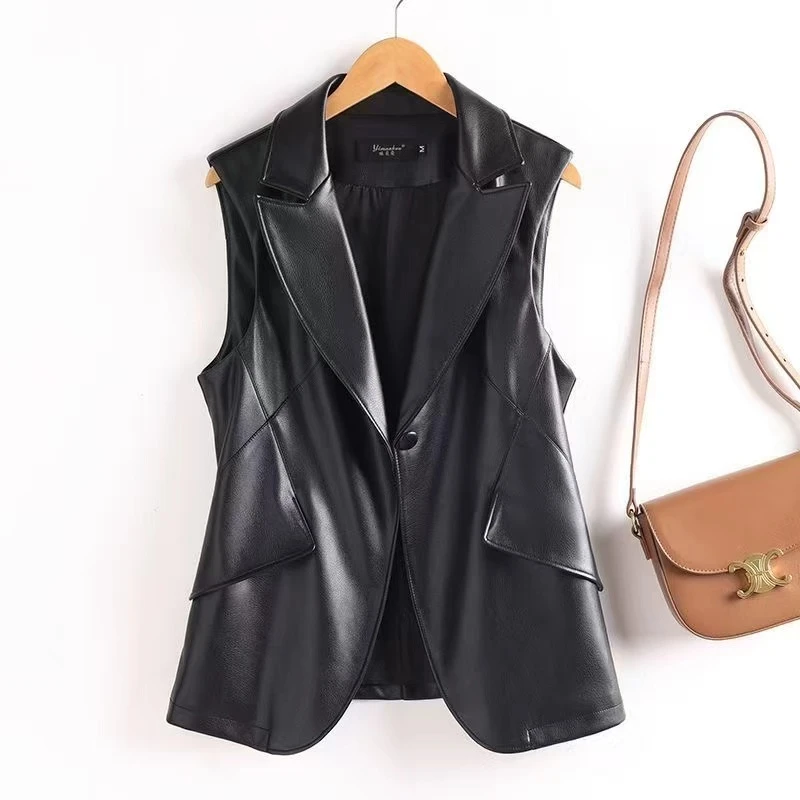 海宁真皮绵羊皮女士马甲收腰拼接法式无袖马甲修身洋气