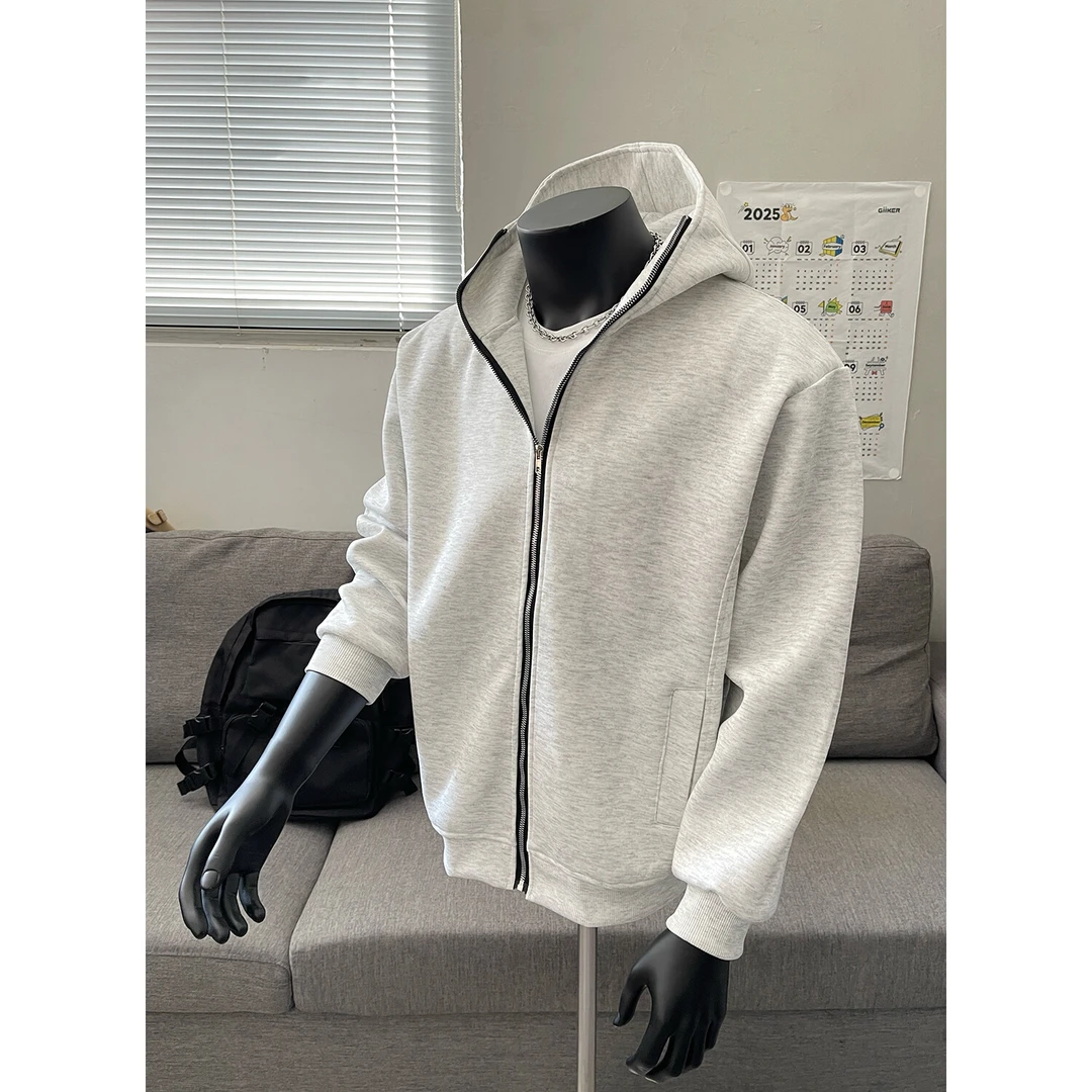 美式重磅硬挺拉链开衫卫衣男款春秋季cleanfit浅灰色潮牌连帽外套