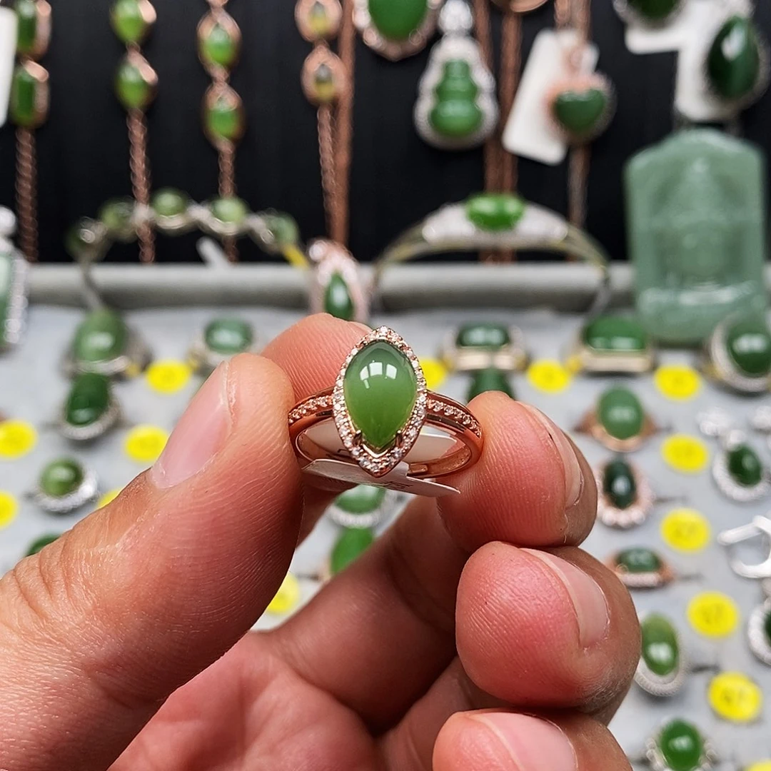 和田玉（碧玉）戒指银S925镶嵌