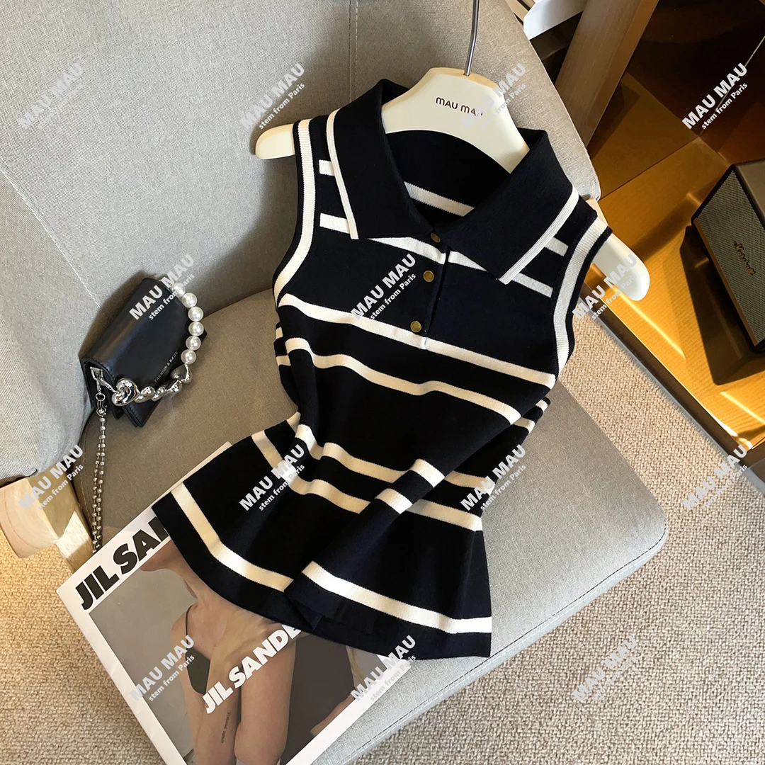 现货 法式学院风翻领条纹撞色针织背心上衣女DY8109