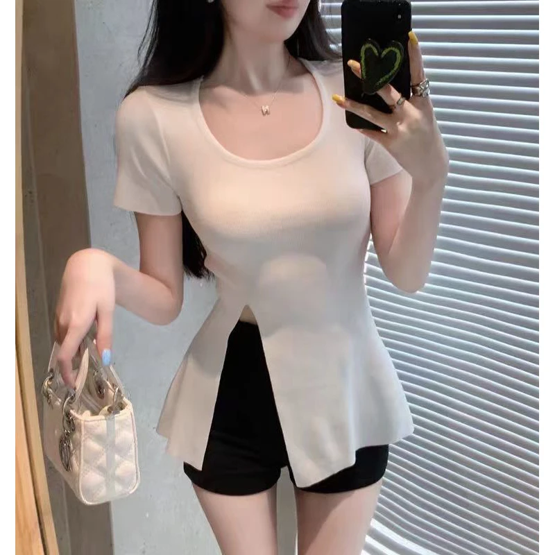 千百朵大码百搭方领短袖t恤夏季新款简约减龄时尚开叉气质上衣739