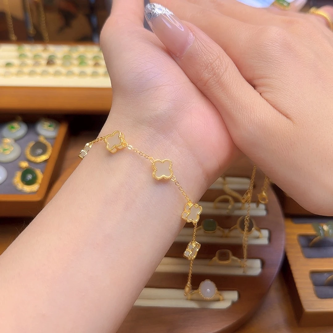 和田玉手链银S925镀金镶嵌