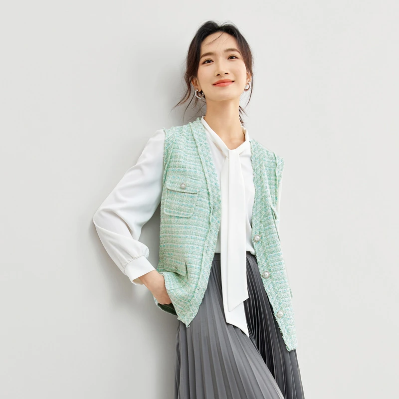 时尚优雅气质V领多贴袋珍珠水钻扣宽松直筒小香风马甲53262