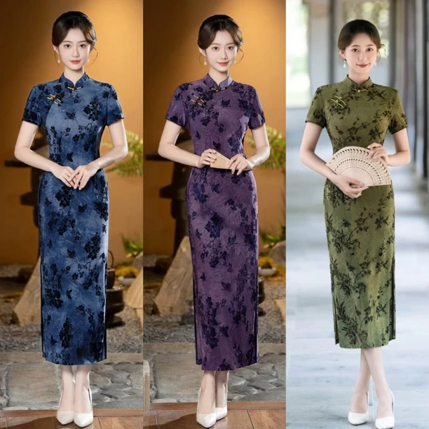 高腰裙高开衩花纹中国风约会旗袍日常优雅双层中式