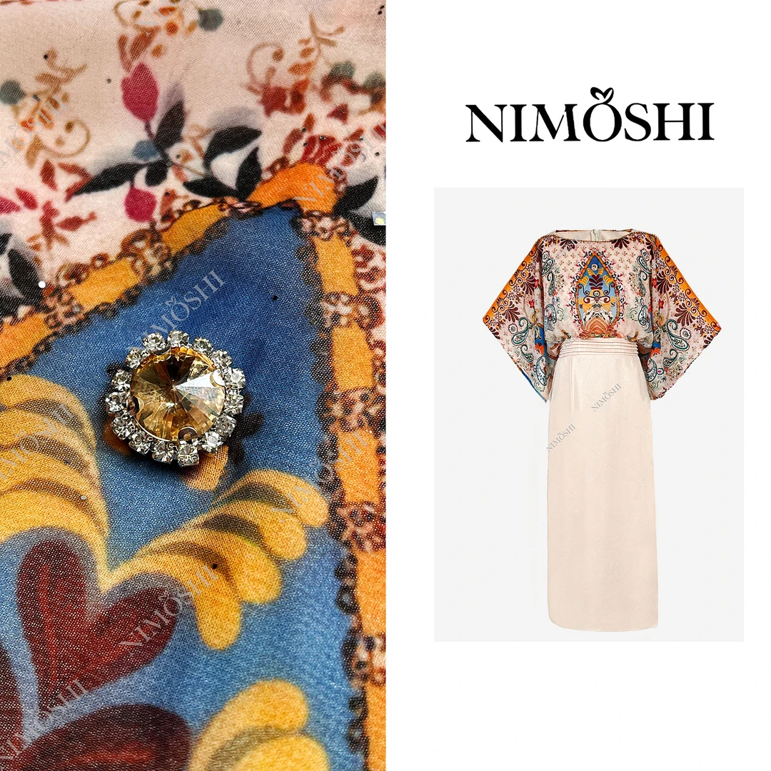 NIMOSHI【倩倩】欧式复古图腾拼接假两件高腰气质显瘦连衣裙Q2228