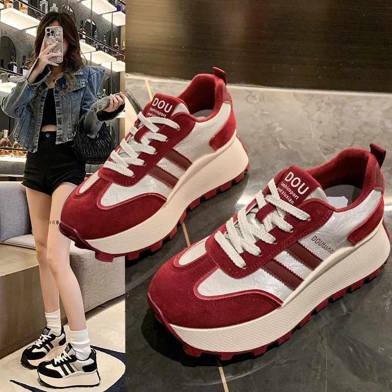 安可拉红2024秋冬新款轻便百搭阿甘鞋平底增高运动休闲超软老爹鞋